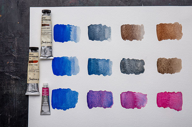 群青藍(lán)色光水彩（從上到下）暗褐色、紅棕色和永久玫瑰